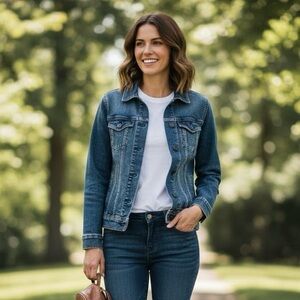 Classic Women's Blue Denim Jean Trucker Jacket Button Closures & Pockets Size S